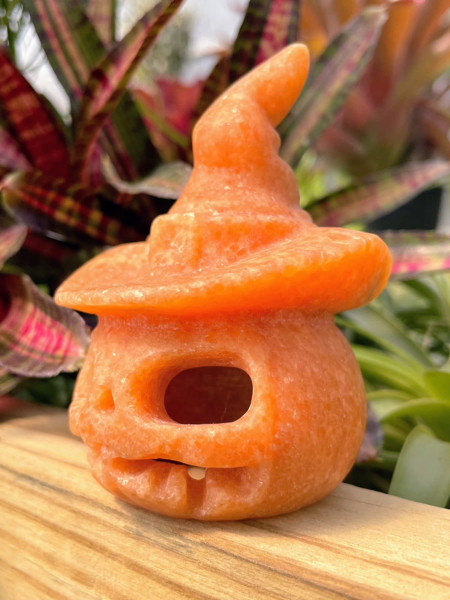 Halloween Orange Calcite Jack-O'-Lantern Crystal Carving