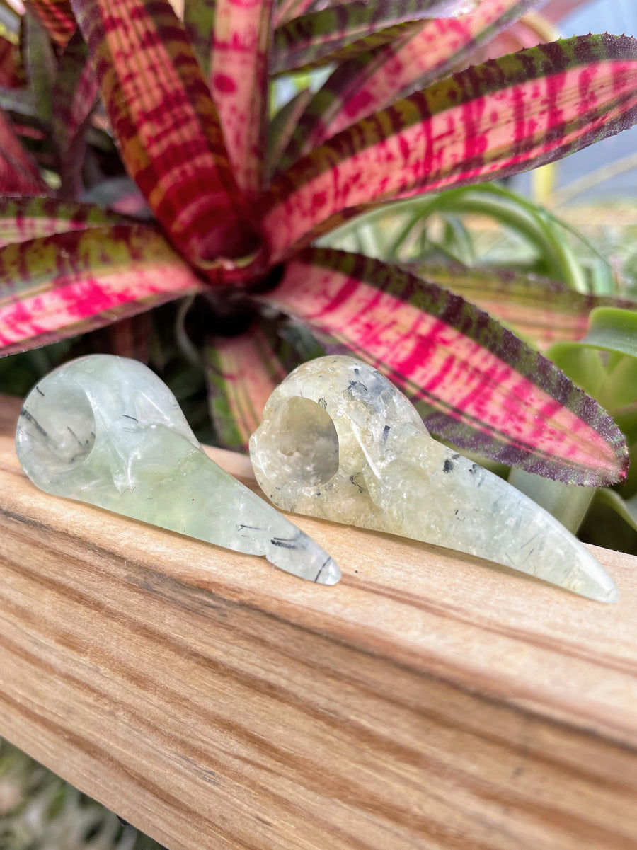 Prehnite Raven Skull Crystal Carving