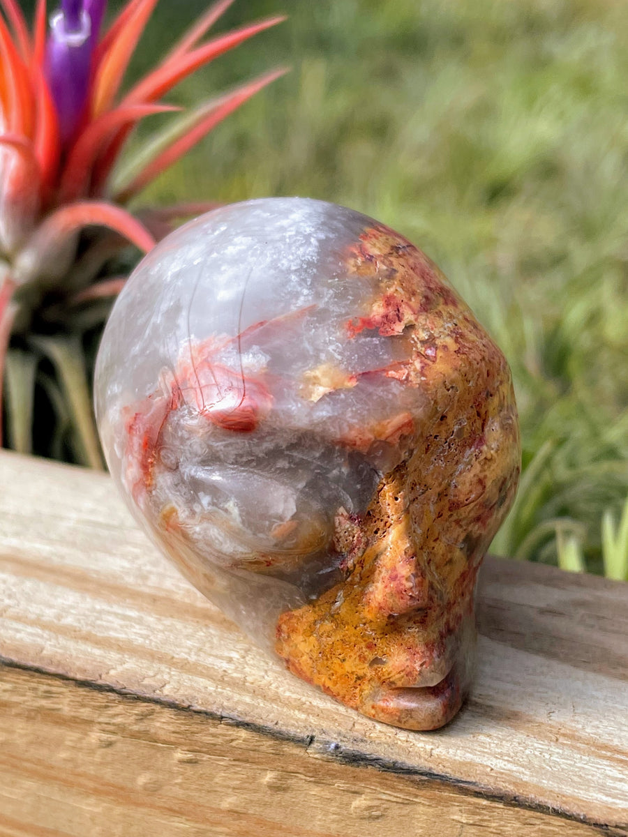 Crazy Lace Agate Alien Skull Carving