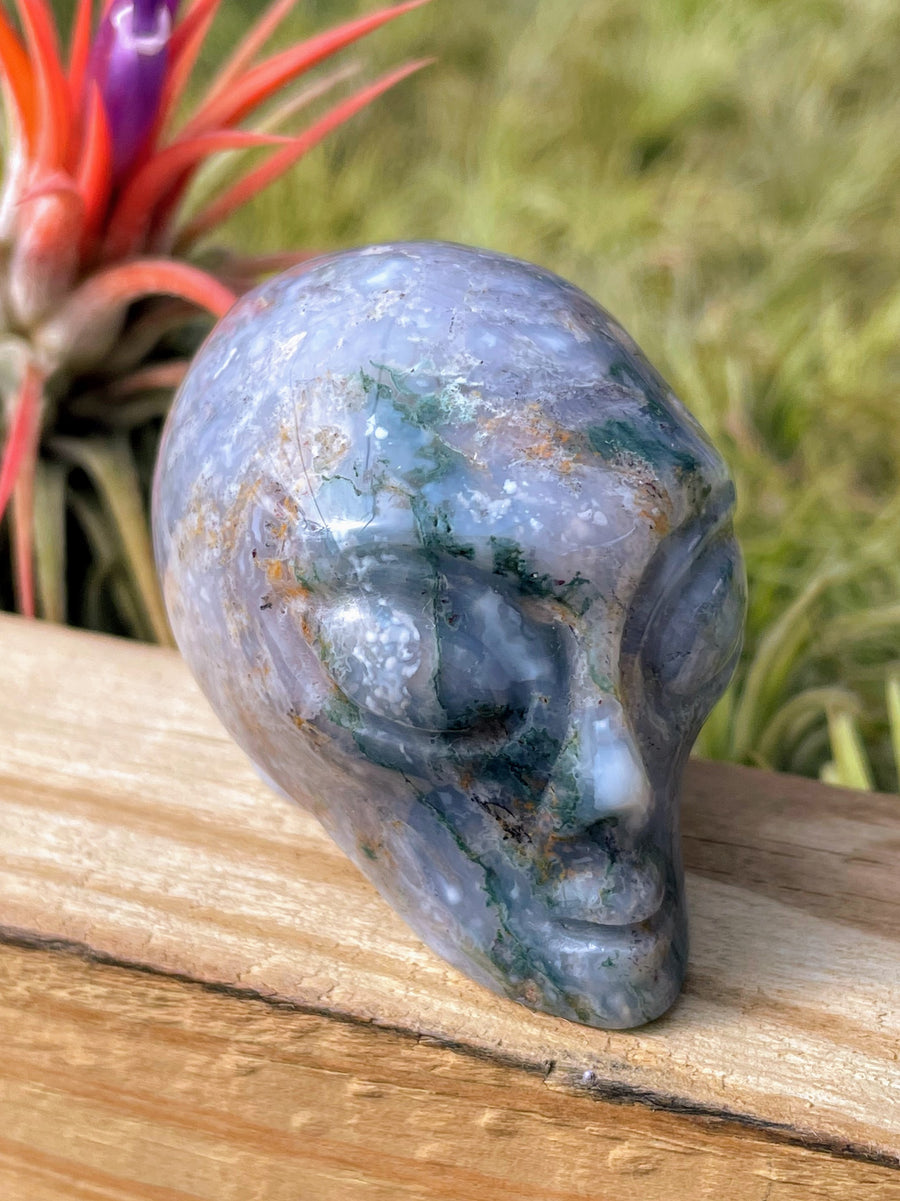 Purple Moss Agate Alien Skull Carving