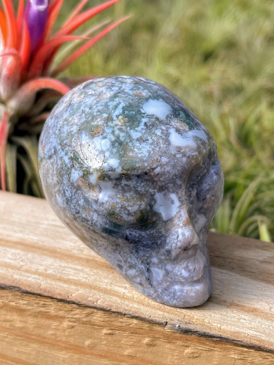 Purple Moss Agate Alien Skull Carving