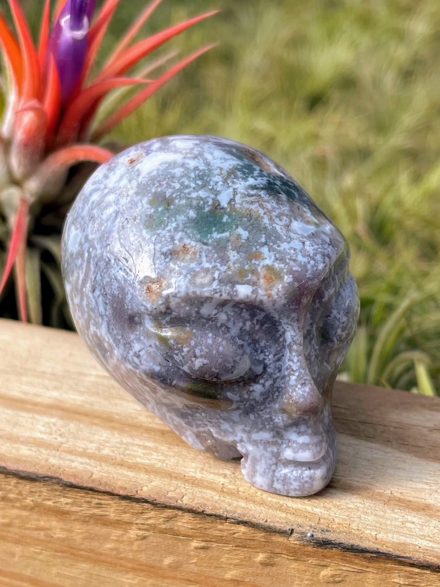 Purple Moss Agate Alien Skull Carving