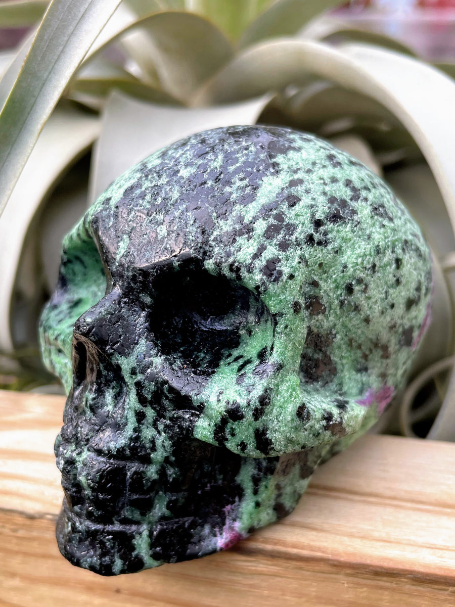 Large Ruby in Zoisite Skull Carving